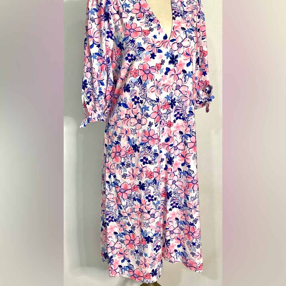 Lilly Pulitzer Pink and Blue Floral 3/4 Sleeve Cotton Dress - Picture 3 of 11